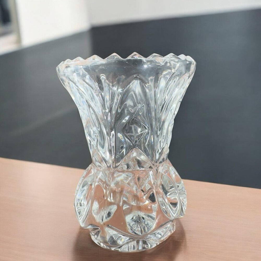 Vintage Bohemian Clear Glass Toothpick Holder Small Bud Vase Sawtooth Edge Glass